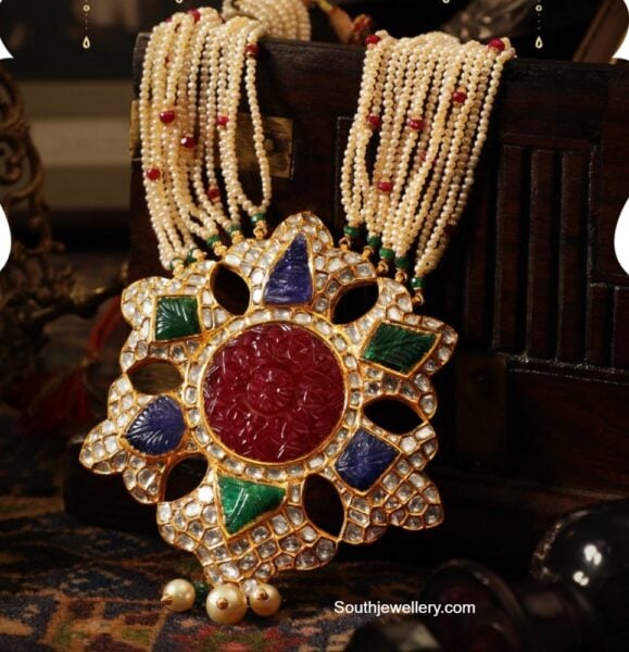 pearl necklace with navrathan pendant