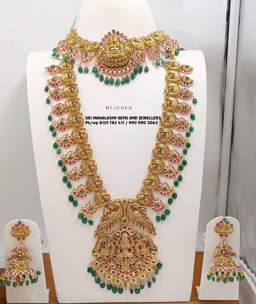 Antique gold bridal Lakshmi necklace, haram and vaddanam set