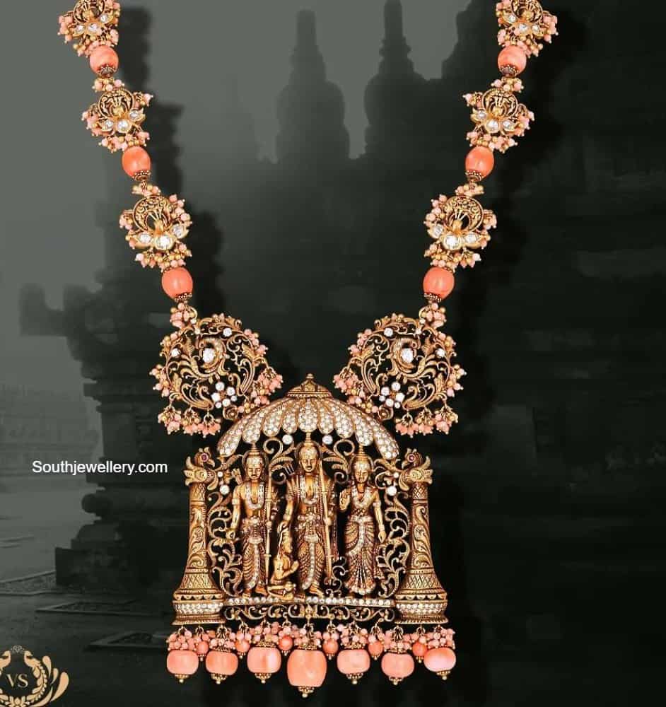 Antique peacock haram with Ram Parivar pendant