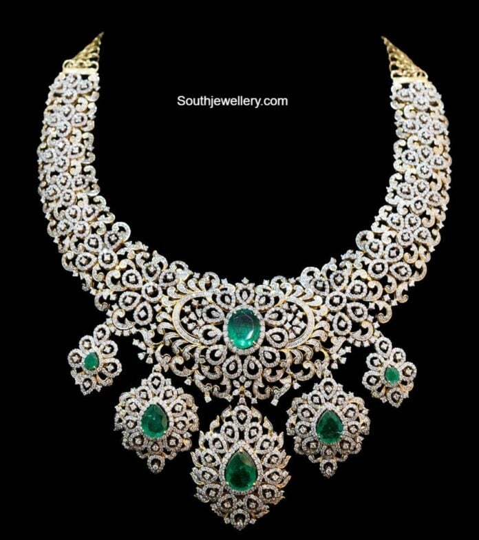 Intricate diamond emerald necklace Indian Jewellery Designs