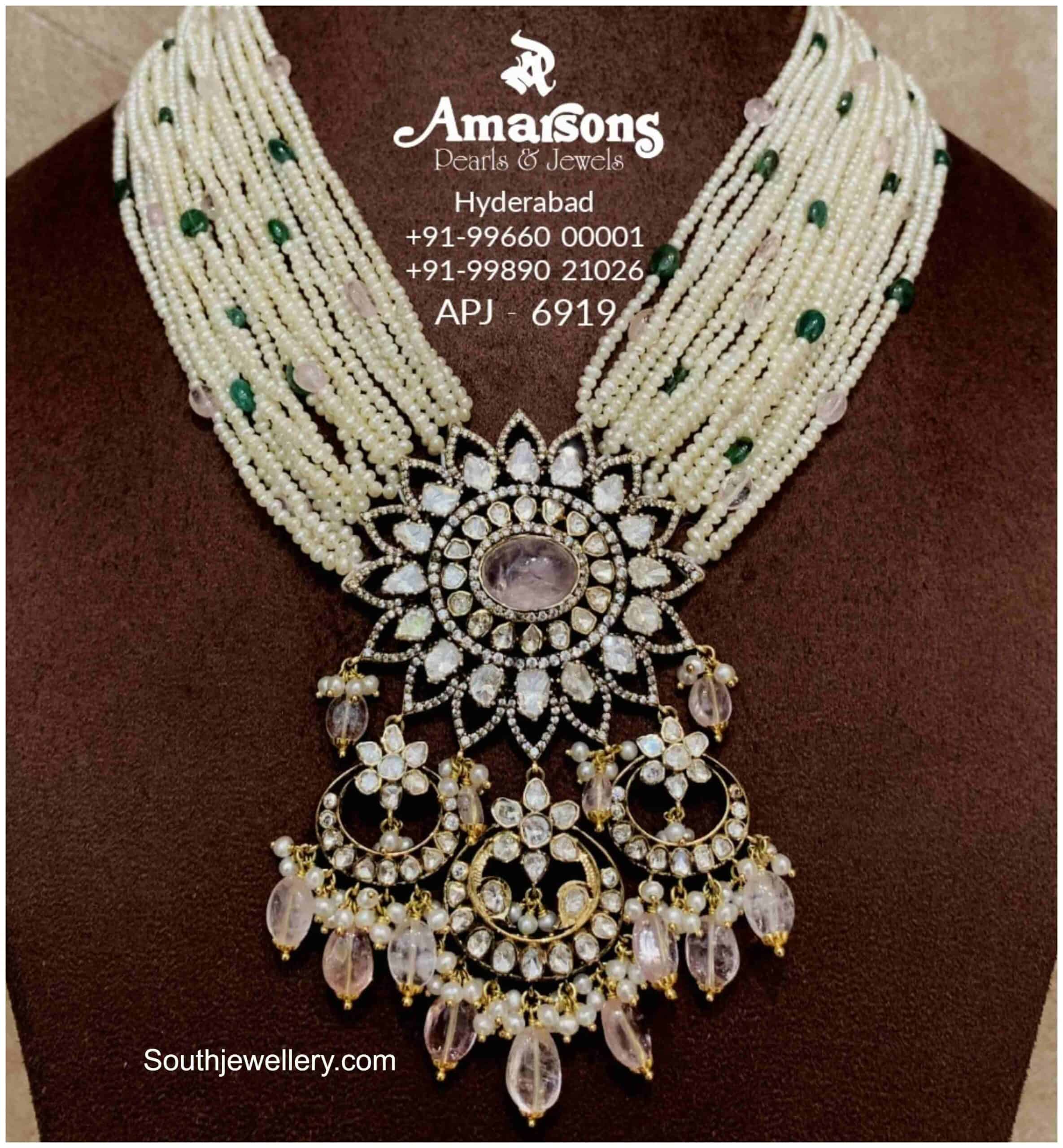 Multistrand pearl necklace with polki pendant