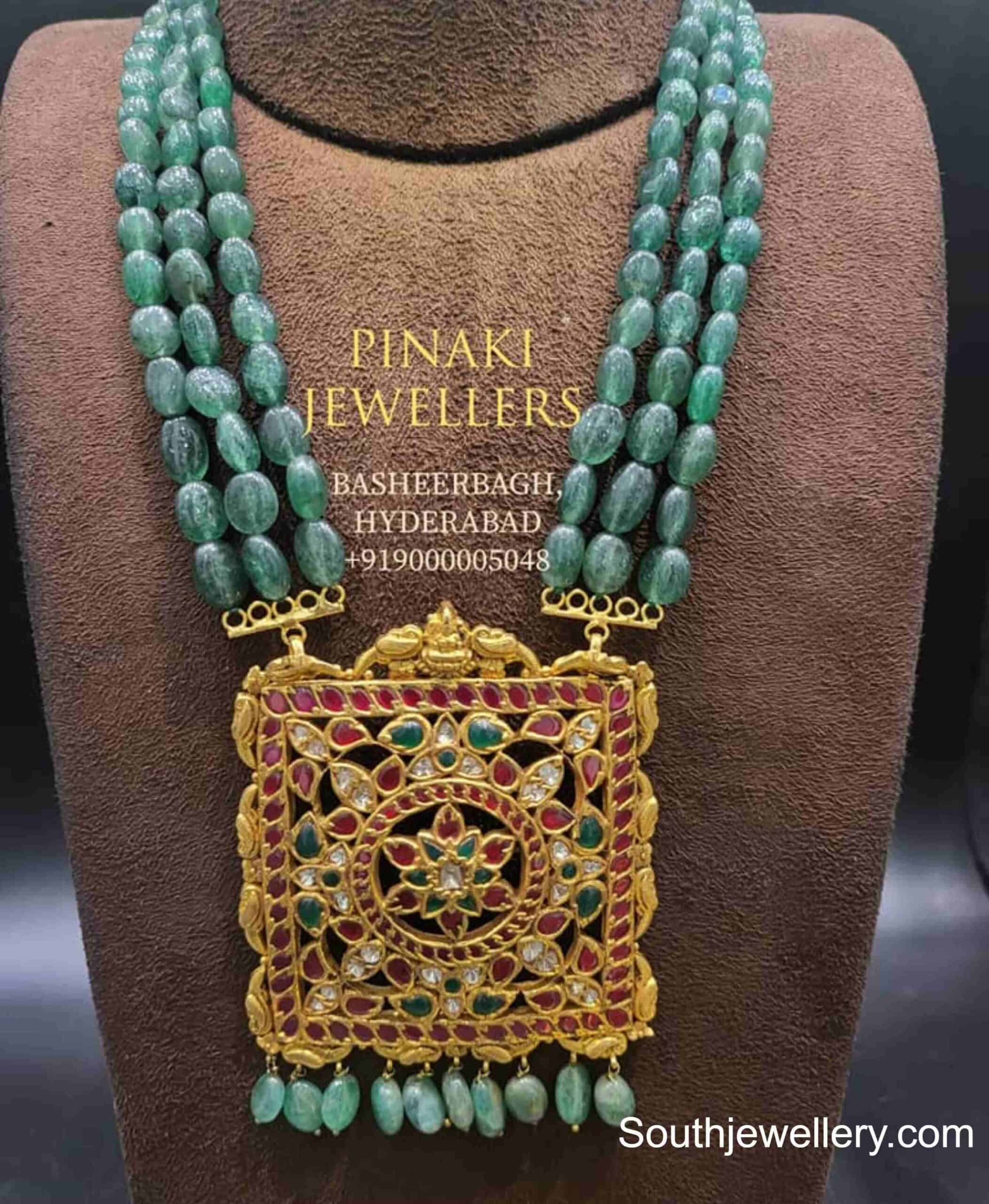 Emerald beads long necklace with kundan pendant Indian Jewellery Designs