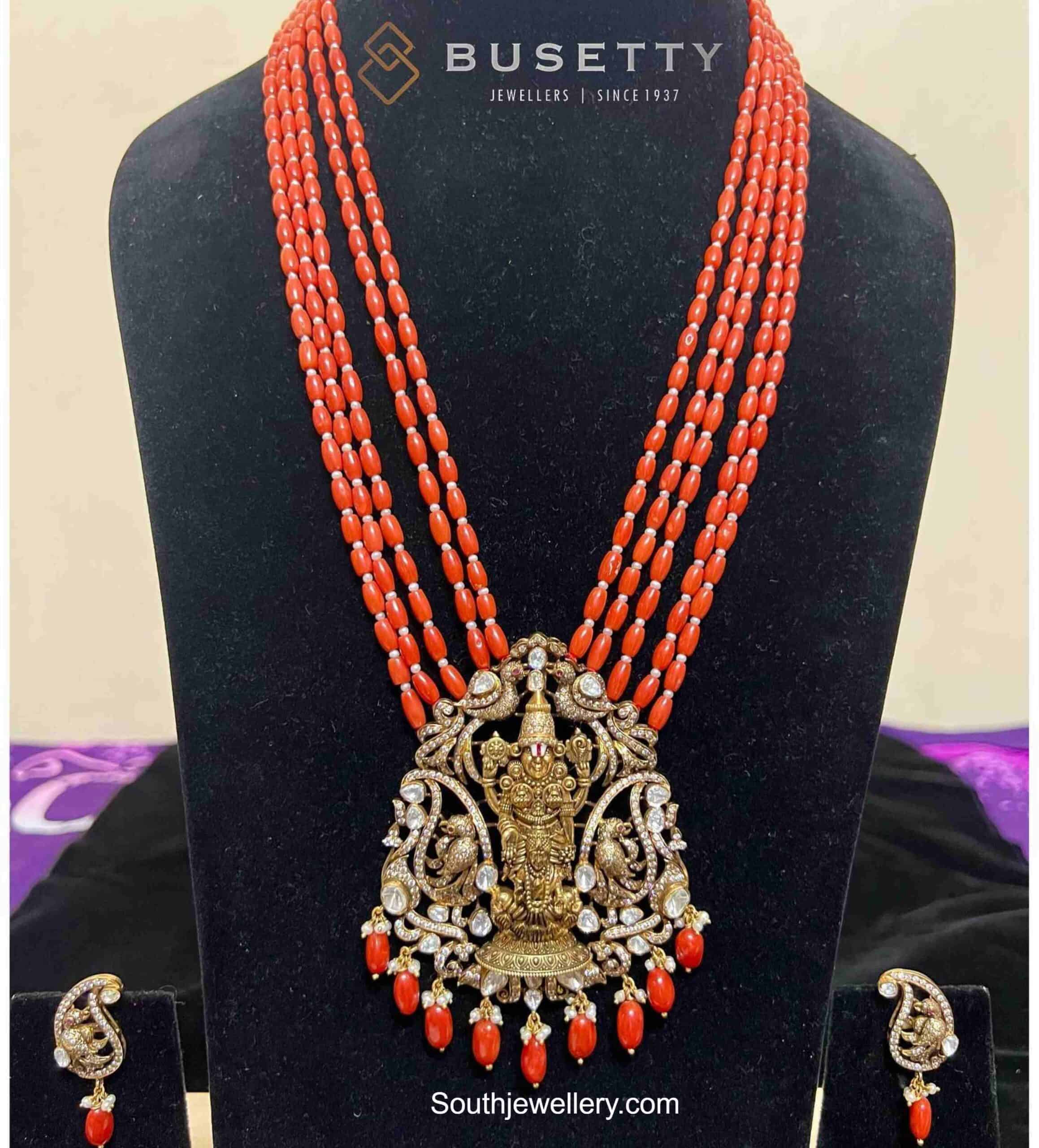 Coral beads long necklace with Balaji pendant - Indian Jewellery Designs