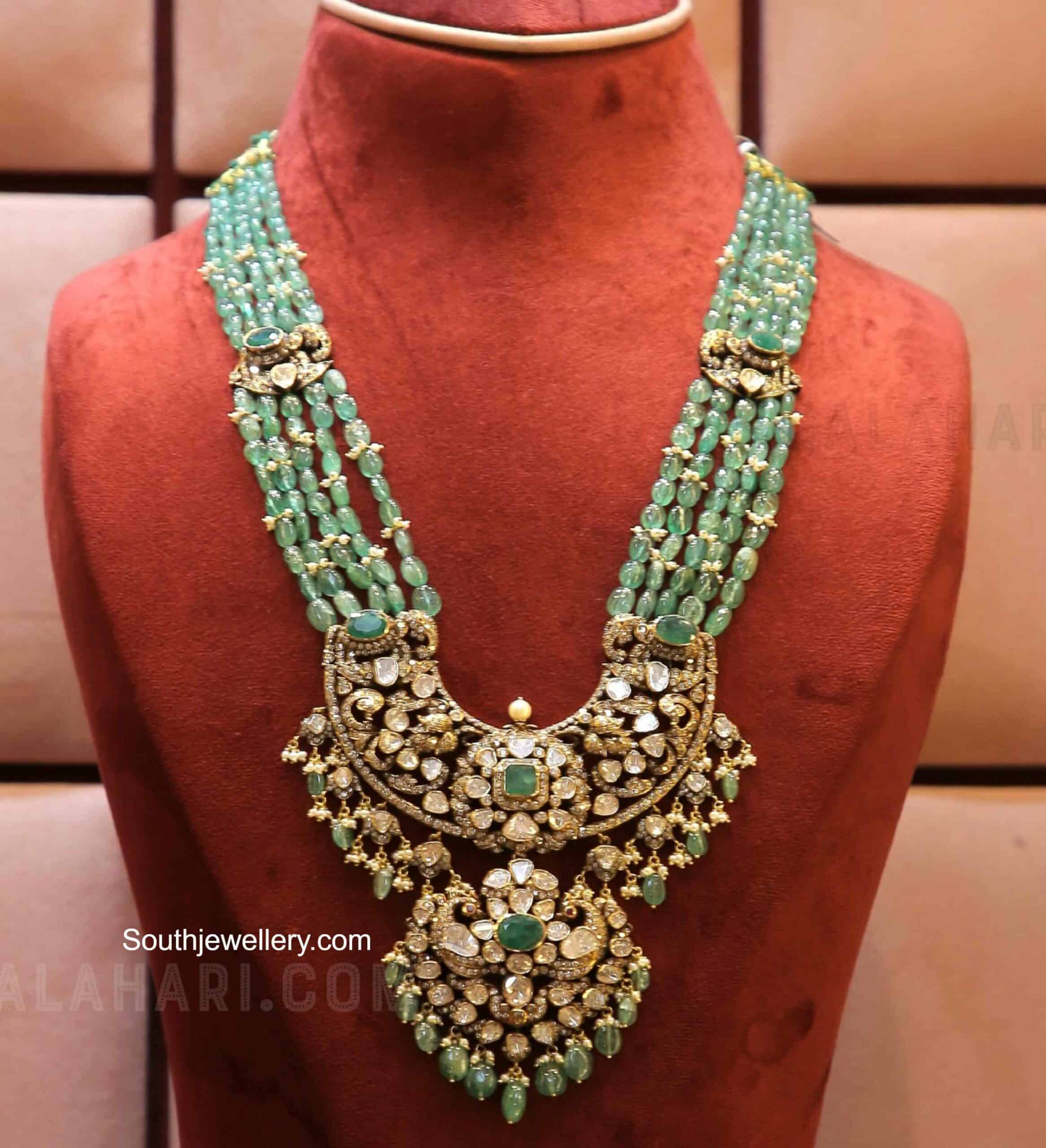 Emerald beads haram with polki pendant - Indian Jewellery Designs