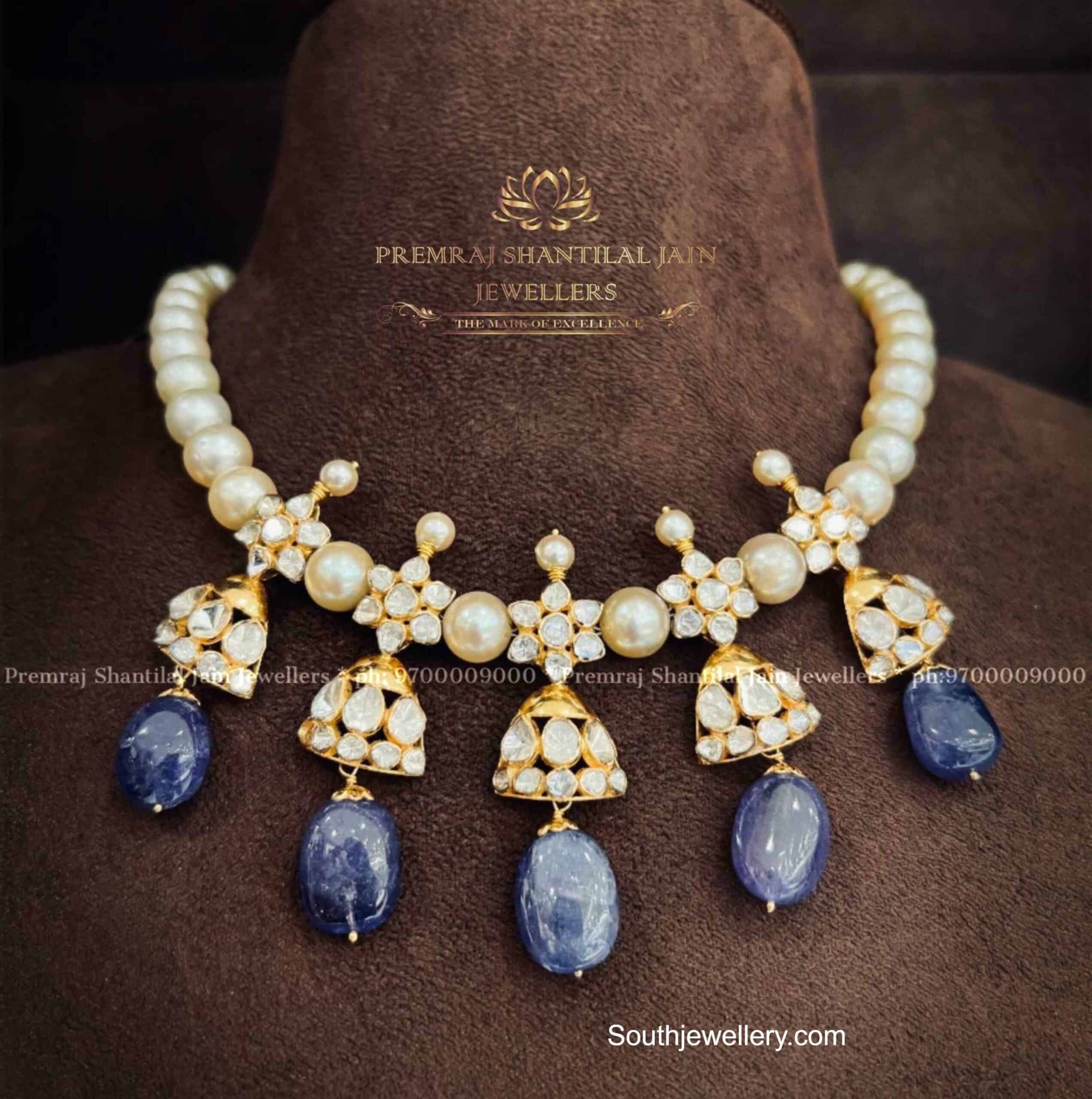 South sea pearl necklace with polki pendants Indian Jewellery Designs