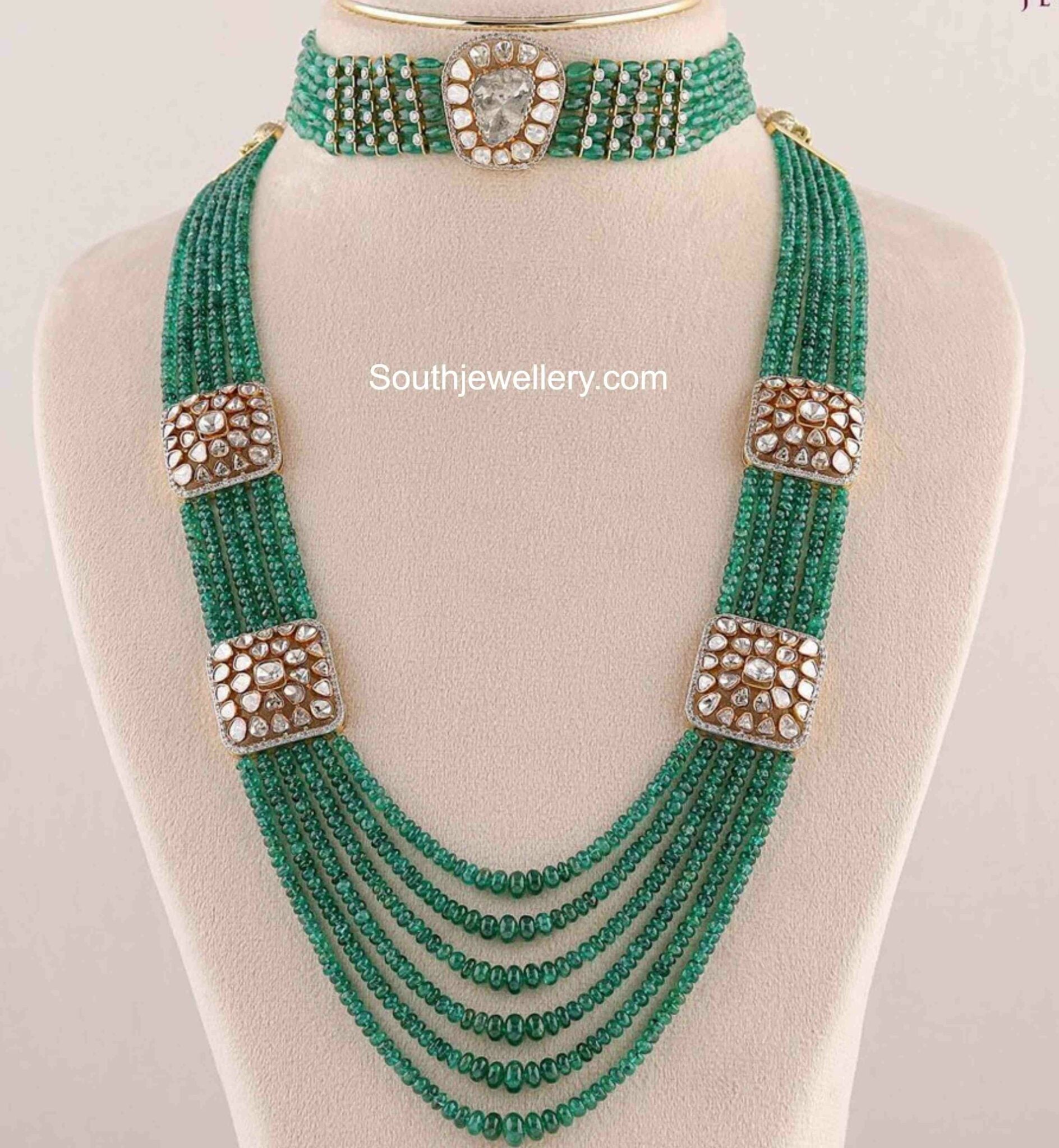 Emerald beads choker and long necklace Indian Jewellery Designs