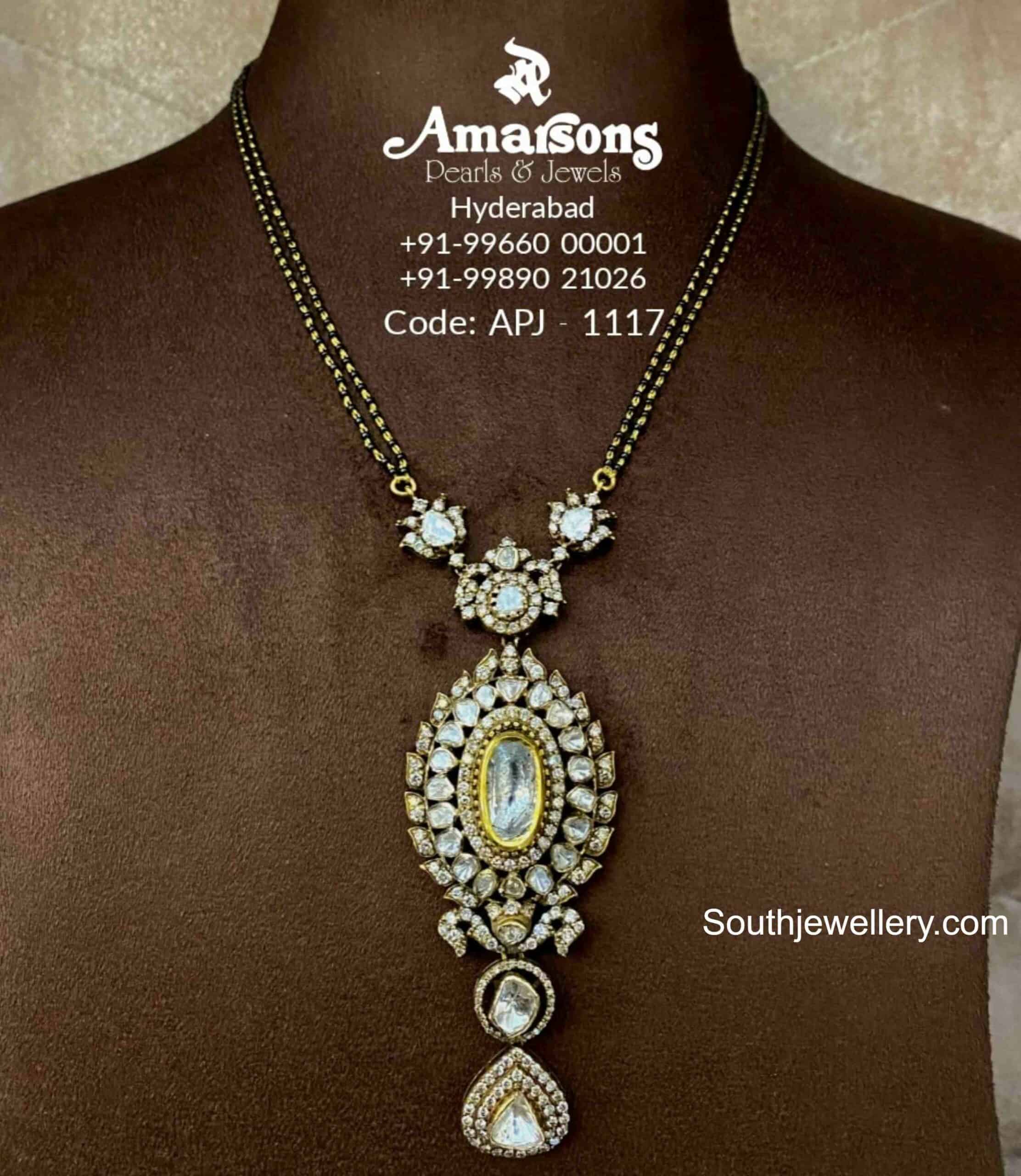 Black beads necklace with polki pendant Indian Jewellery Designs