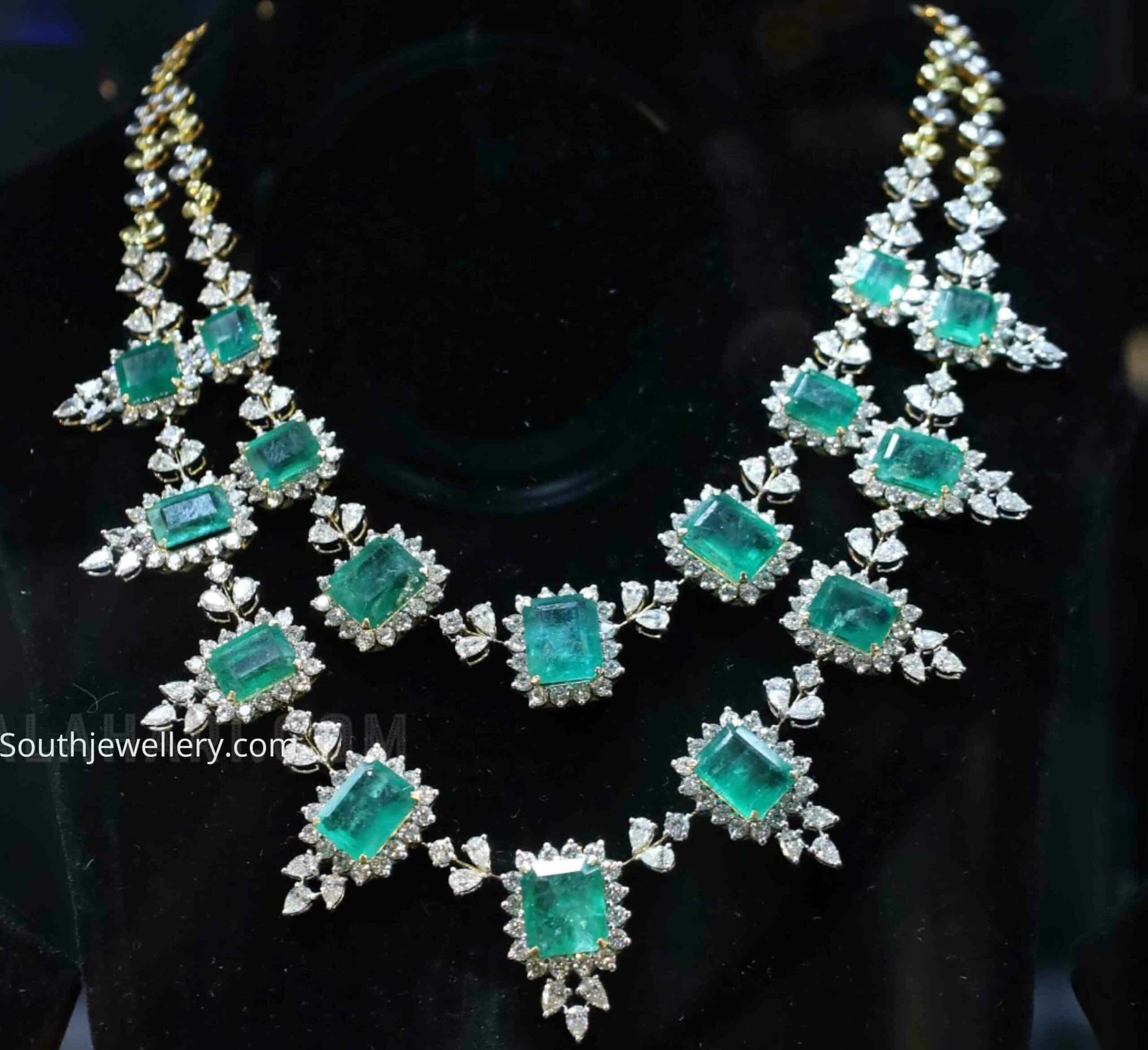 Twostep diamond emerald necklace Indian Jewellery Designs