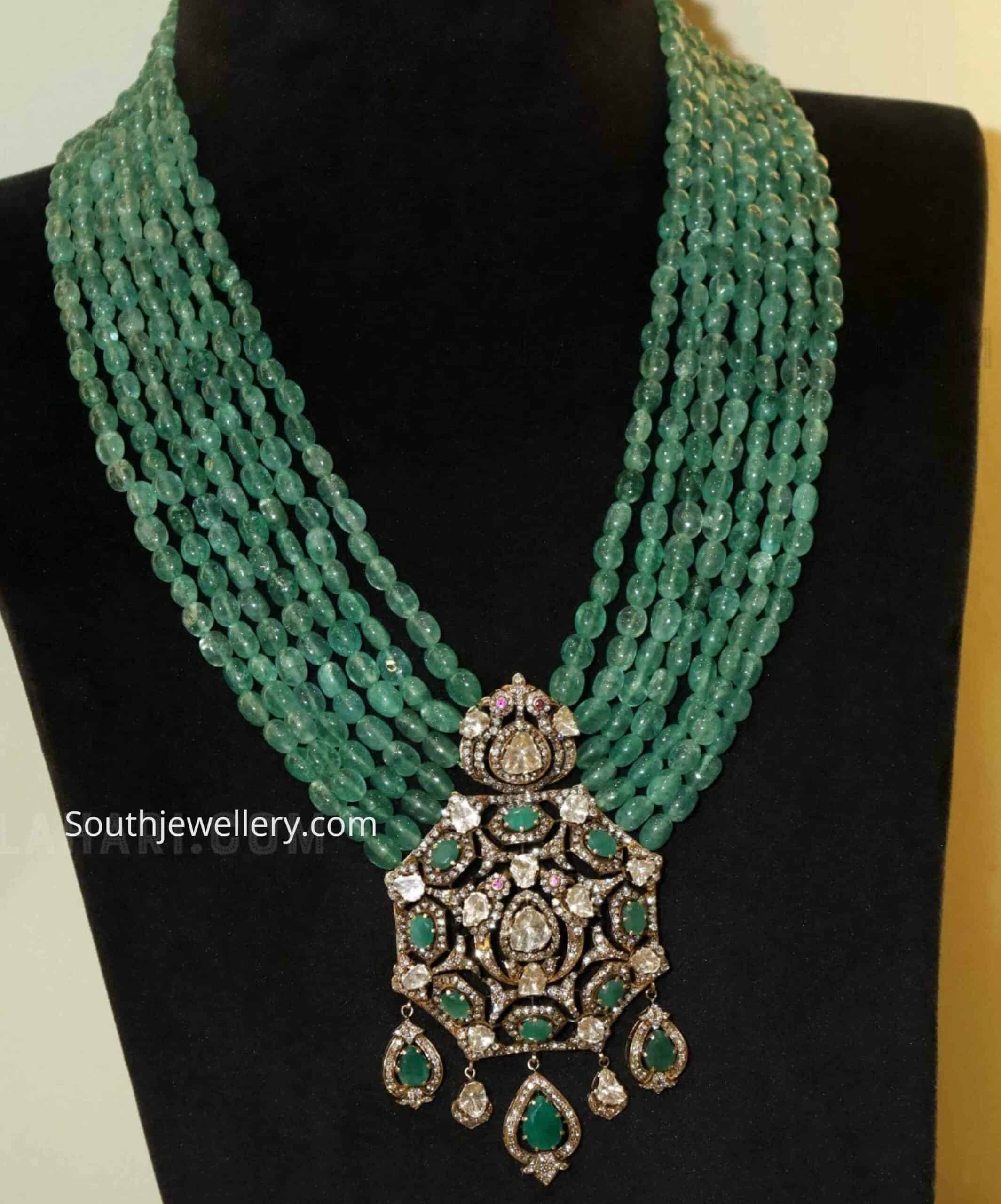 Emerald beads mala with Victorian polki pendant - Indian Jewellery Designs