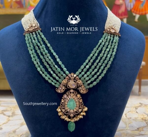 emerald beads necklace with victorian polki pendant